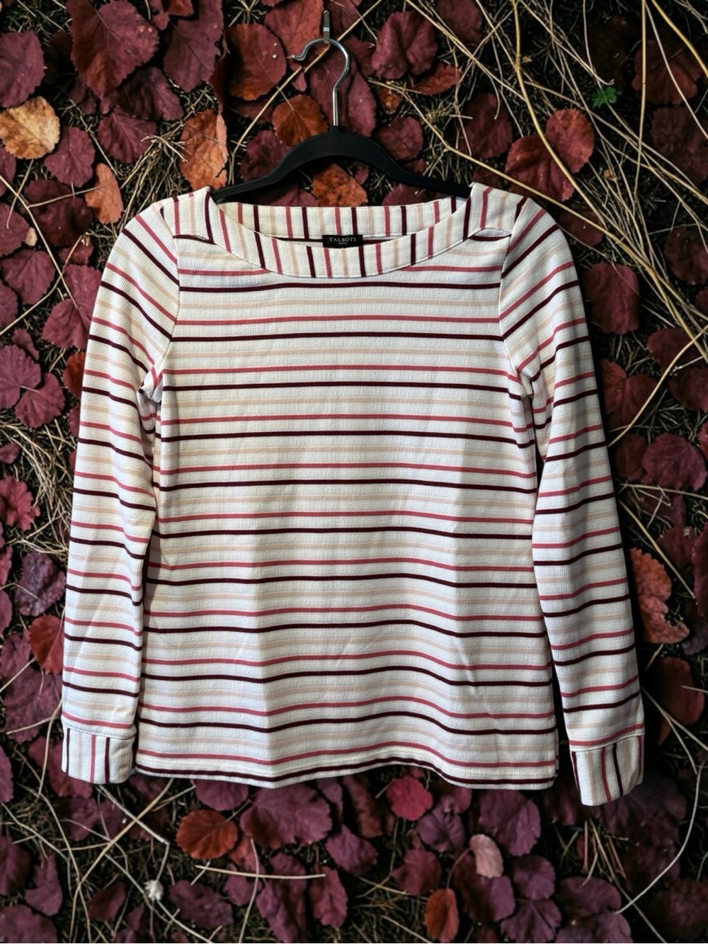 Talbots Petite Winter White Knit Boatneck Top with Burgundy/Pink/Blush Stripes